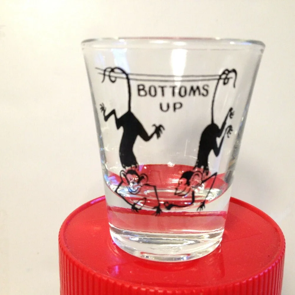 Vintage Collectable Bottoms Up Shot Glass Upside Down Monkeys Anchor Hocking